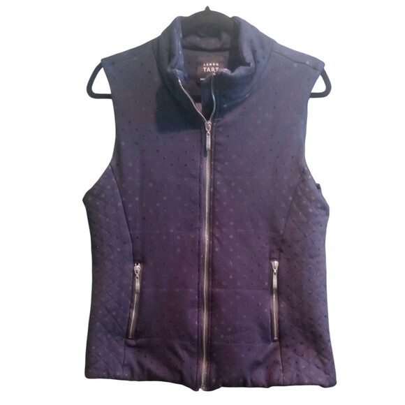 Lemon Tart Vest Sleeveless Full Zip‎ Pockets Blue Dots Mid Length Women Medium - Picture 1 of 4